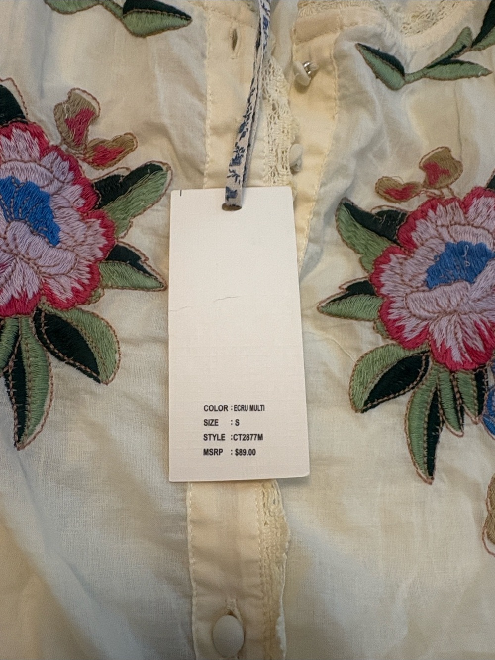 NWT Jennifer & Grace Floral Embroidered Blouse Small Ecru Puff Sleeve Boho Top - Picture 4 of 4